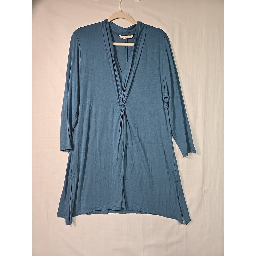 Soft Surroundings Women's Large Tunic Top Blue Draped Knit 3/4 Sleeves Stretch